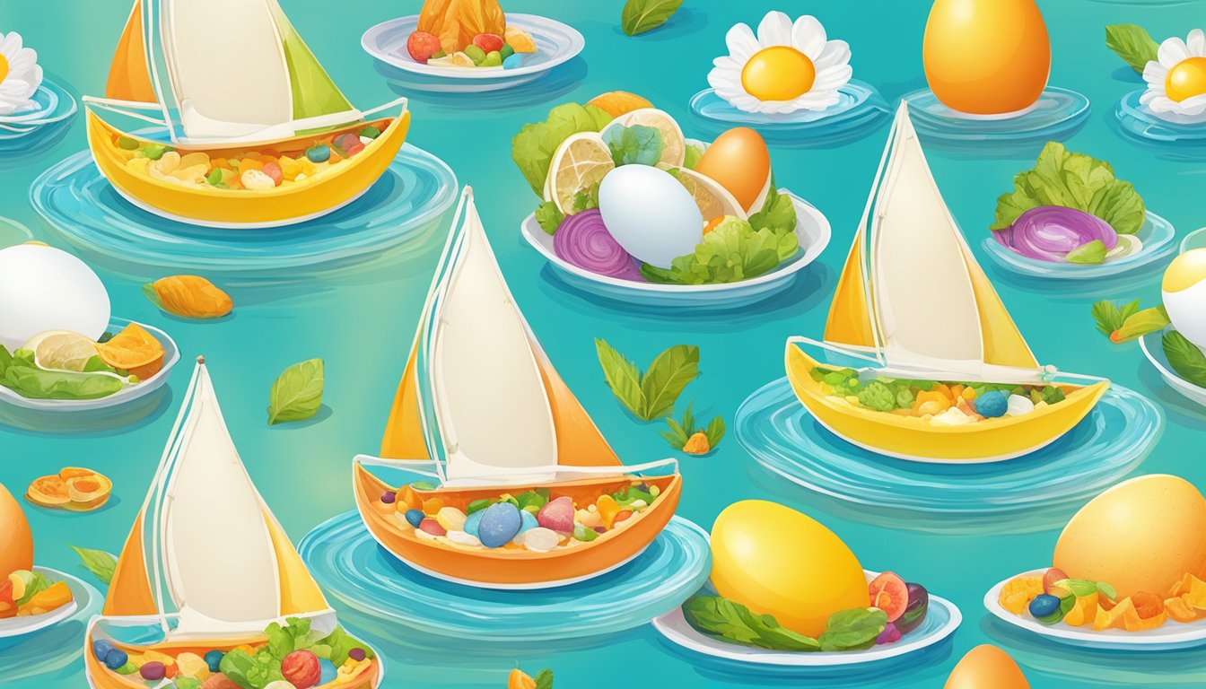 Egg sailboats floating on a sea of colorful edible food art, creating a whimsical and playful mealtime scene for kids