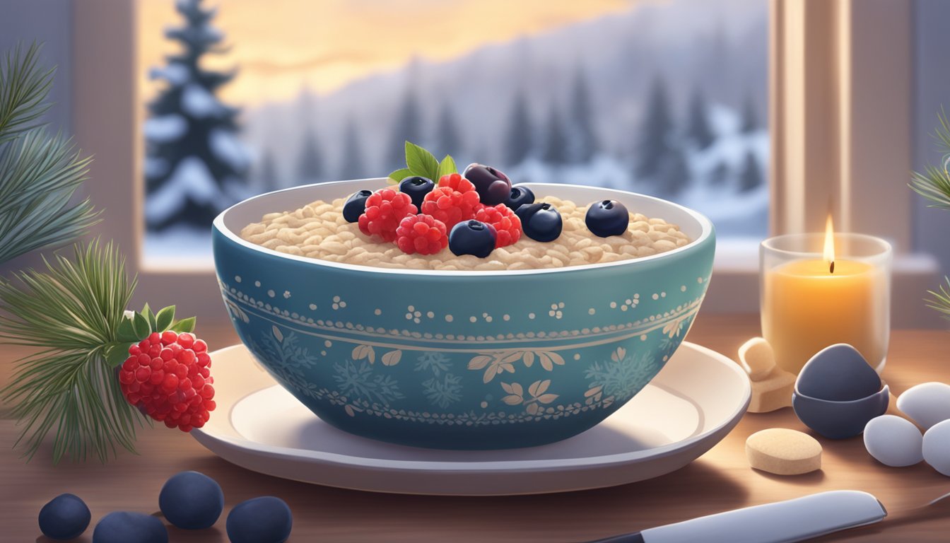 A steaming bowl of oatmeal topped with fresh berries, surrounded by cozy winter-themed decor