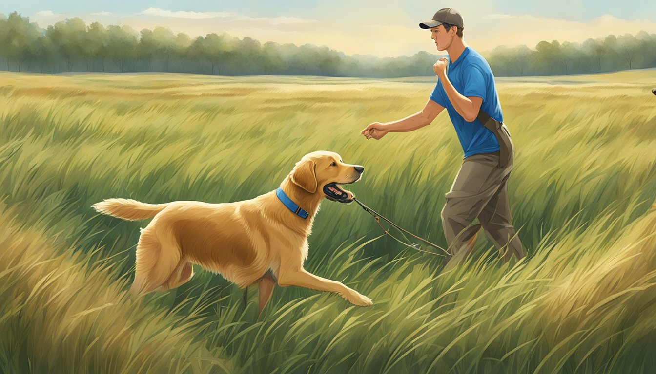 A young retriever eagerly retrieves a training dummy in a field of tall grass, under the guidance of a trainer in Maryland