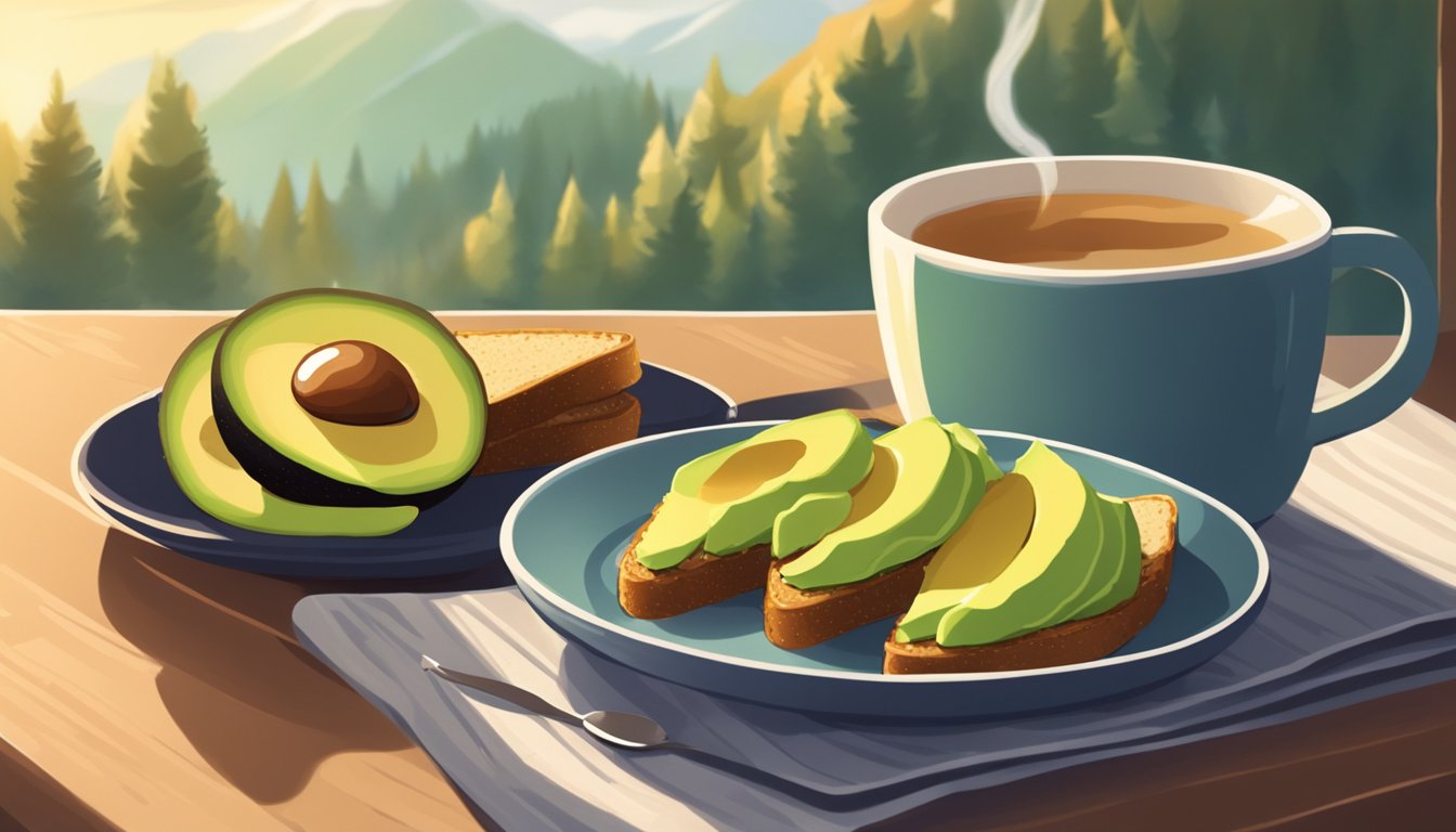 A plate of whole grain toast topped with avocado, surrounded by a cozy winter setting with warm lighting and a mug of hot tea