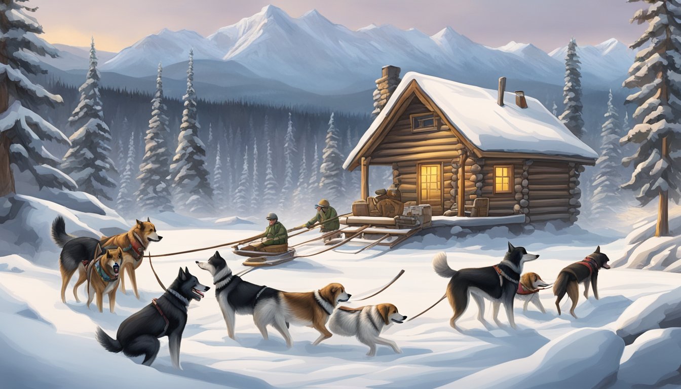 A snowy landscape with a log cabin, sled dog team, and a hunter training a gun dog in the Alaskan wilderness