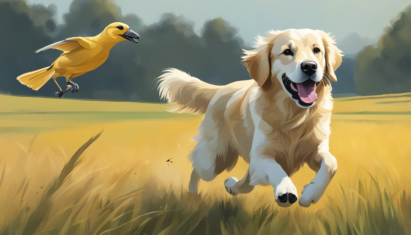 A retriever dog running through a field, holding a bird in its mouth, with a trainer standing in the background