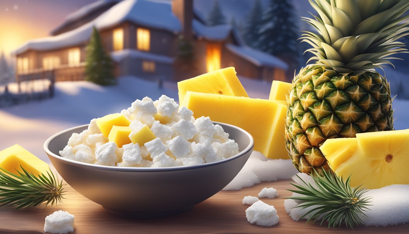 A bowl of cottage cheese with chunks of fresh pineapple, surrounded by a cozy winter scene with a warm fire crackling in the background