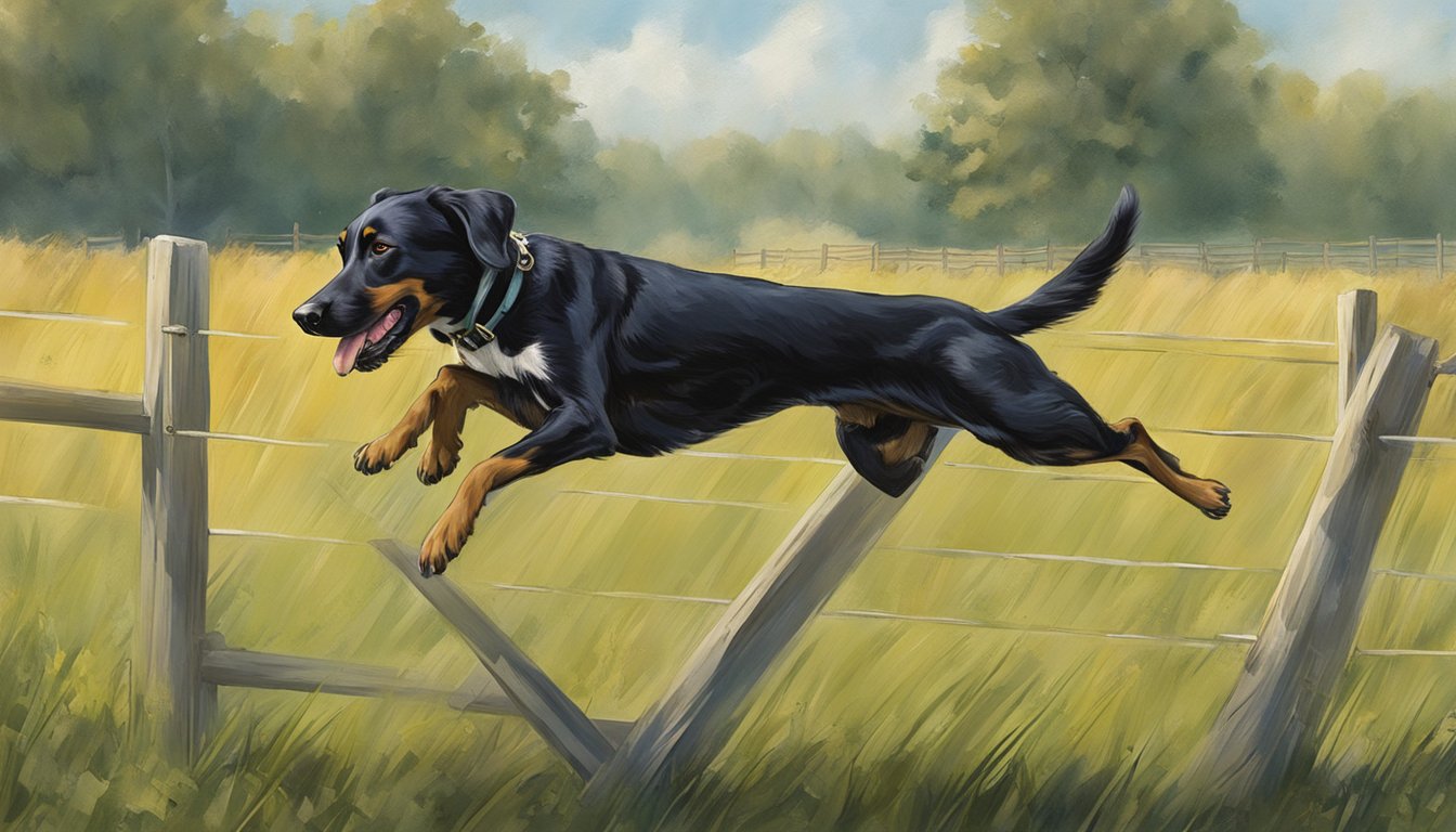 A gun dog leaps over a hurdle in a Maryland field during advanced training