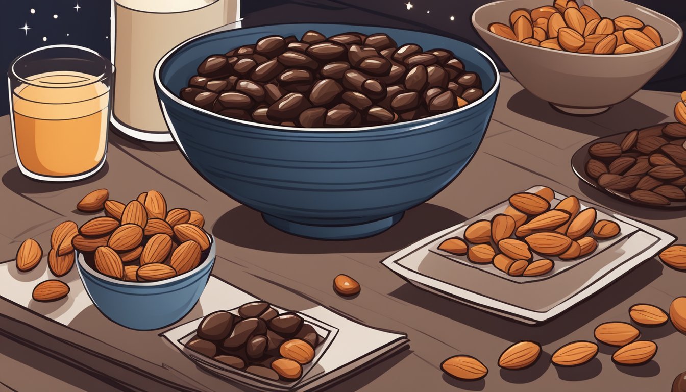 A bowl of dark chocolate-covered almonds sits on a cozy winter night table, surrounded by other healthy snacks