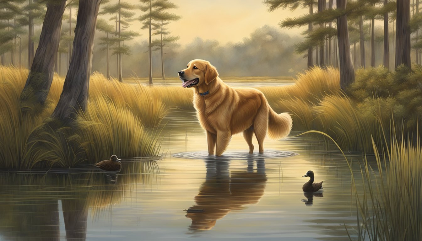 A golden retriever eagerly retrieves a duck from a serene Arkansas marsh, surrounded by tall grass and cypress trees