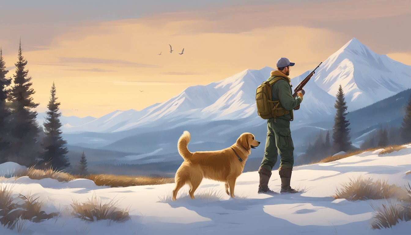 A hunter in a field with a retriever, practicing commands and retrieving objects. Snow-capped mountains in the background