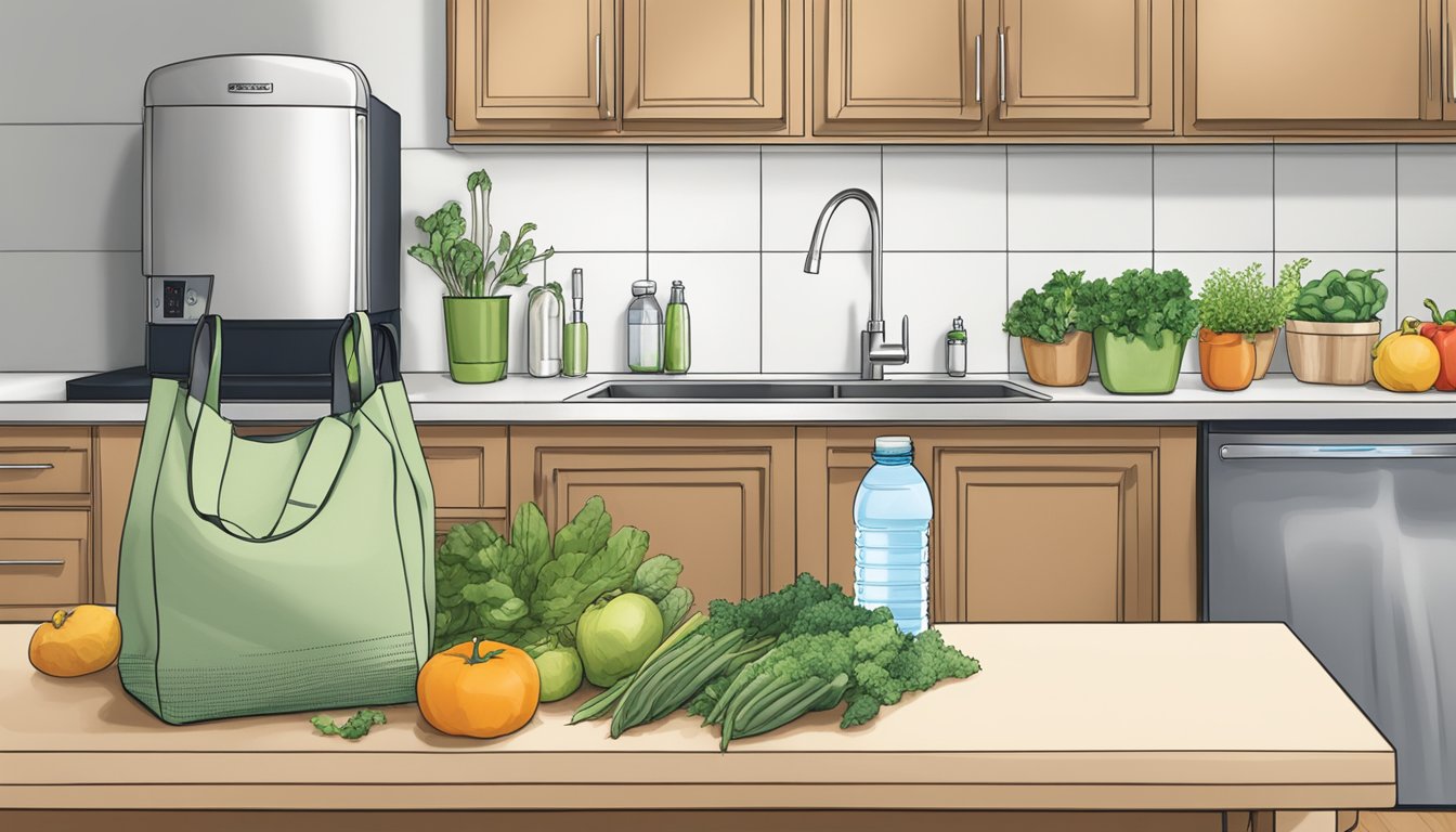 A kitchen counter with reusable bags filled with fresh produce, a reusable water bottle, and a compost bin nearby