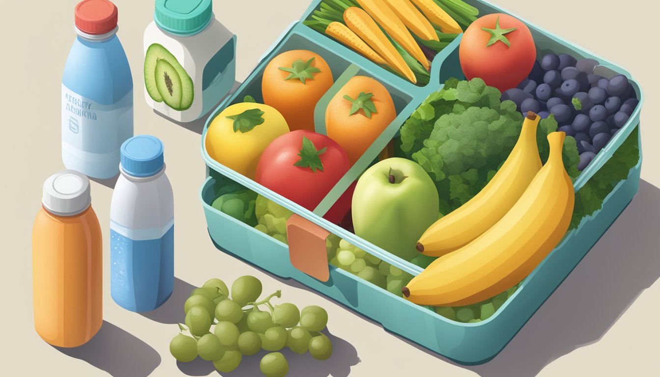 A colorful array of fresh fruits and vegetables arranged neatly next to a lunchbox filled with nutritious foods, a reusable water bottle, and a note with 5 healthy habits for back to school