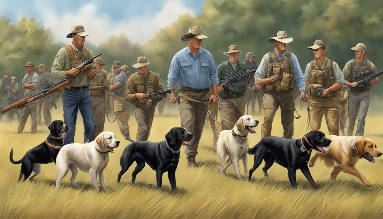 A field in Arkansas with various gun dog breeds training together under the guidance of their handlers