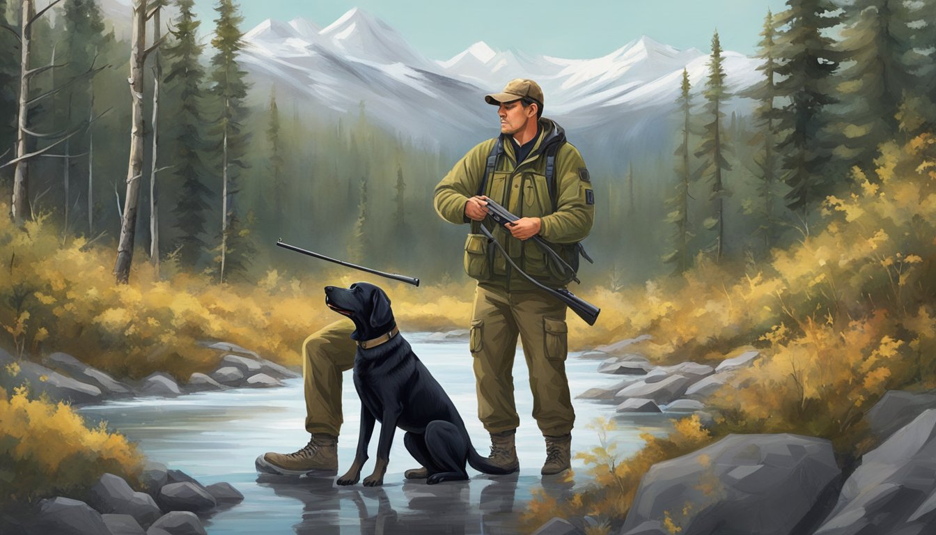 A professional trainer works with a gun dog in the Alaskan wilderness, using hand signals and commands to guide the dog through various training exercises