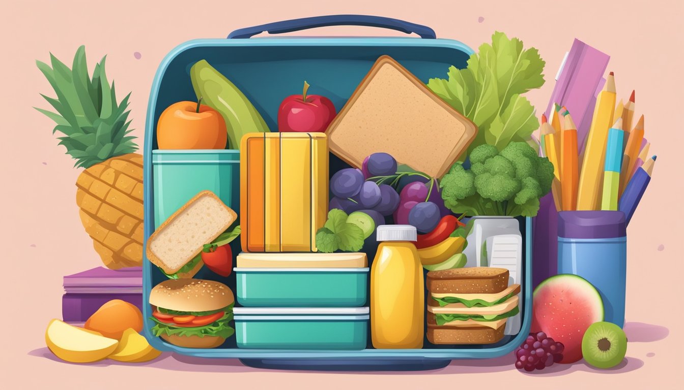 A colorful lunchbox filled with whole grain sandwiches, fruits, and vegetables, surrounded by books and school supplies