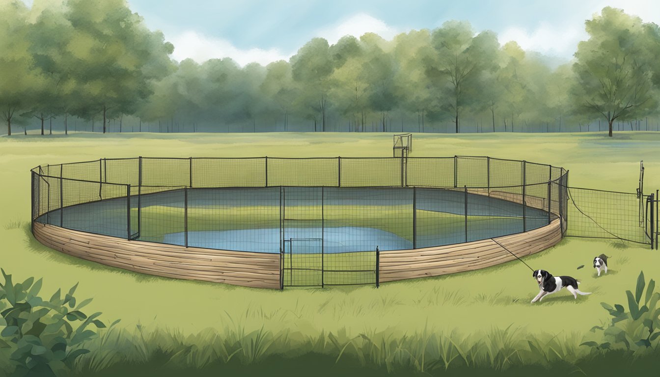 A field in Maryland with training equipment for gun dog training: obstacles, targets, and water features for retrieving practice