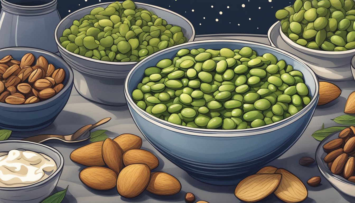 A cozy winter night with a steaming bowl of edamame surrounded by other healthy late-night snack options like nuts, fruits, and yogurt