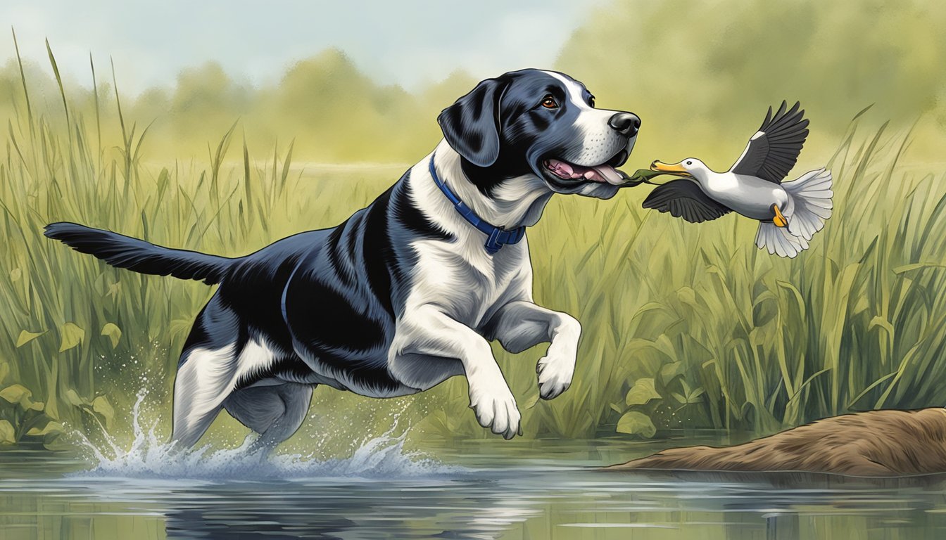 A Labrador retriever retrieves a duck from a pond during a gun dog training session in a field in Arkansas