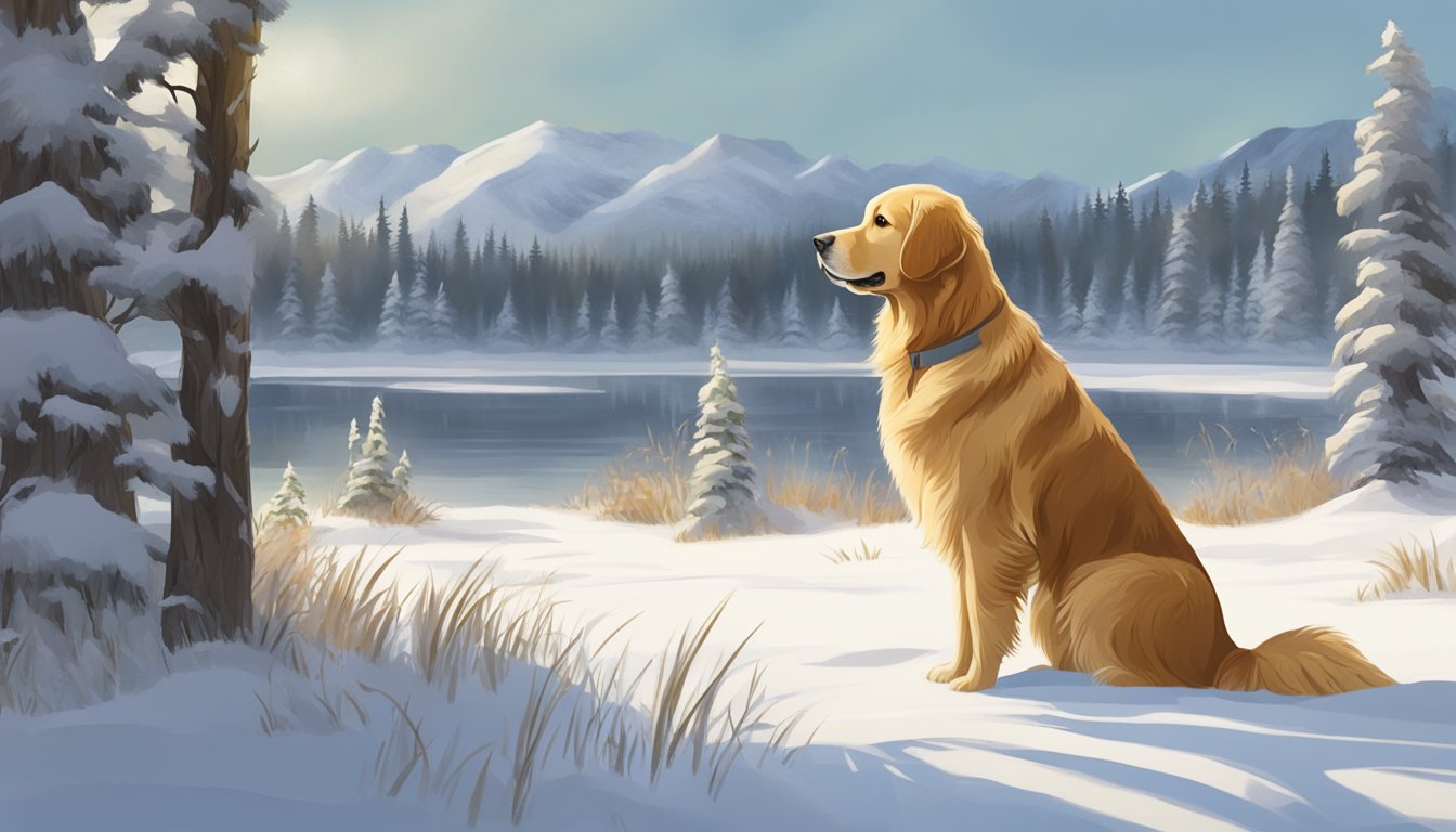 A golden retriever stands alert in a snowy Alaskan landscape, surrounded by tall grass and snow-covered trees. Its ears are perked up, and its tail is wagging eagerly