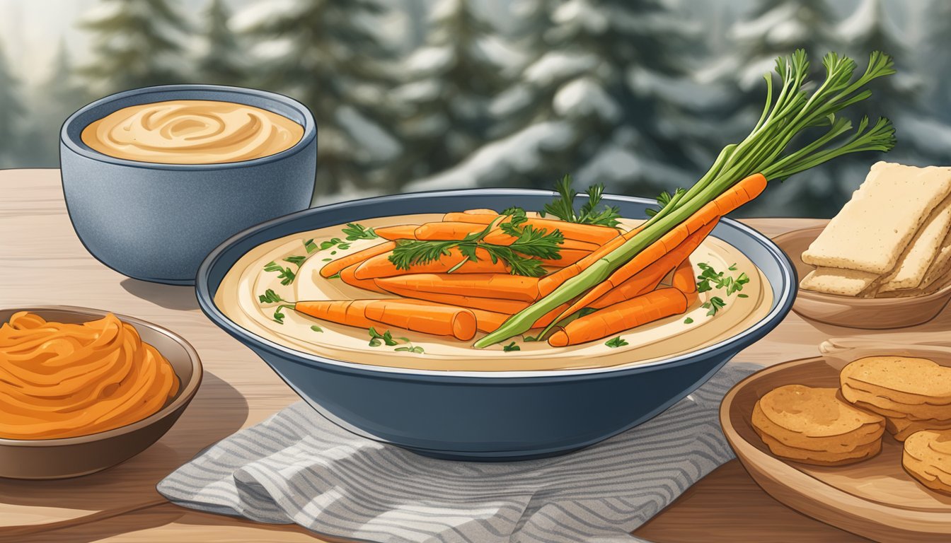 A plate of carrot sticks surrounded by a bowl of hummus, set against a cozy winter backdrop