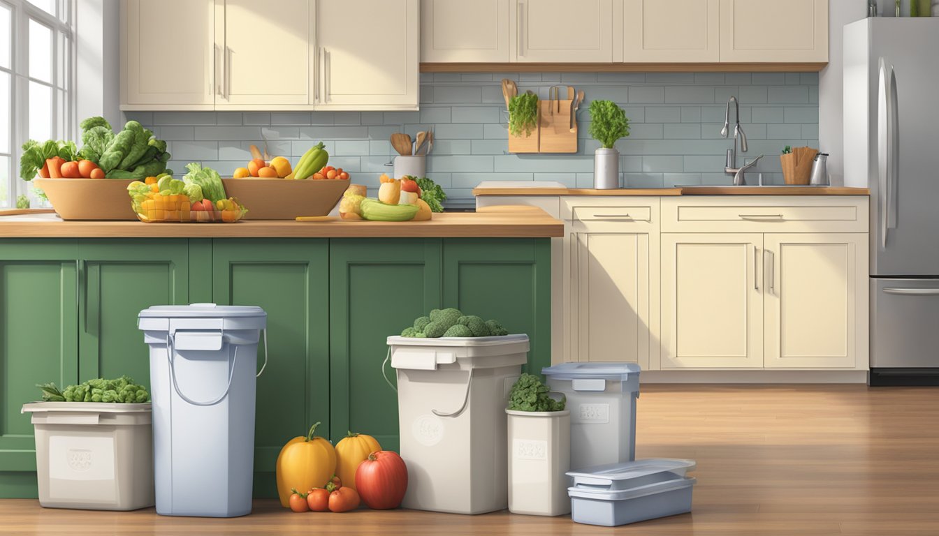 A kitchen counter with fresh produce, reusable containers, and cloth bags. A recycling bin nearby