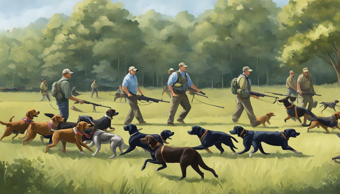 A field in Maryland with a gun dog trainer leading a group through various training exercises