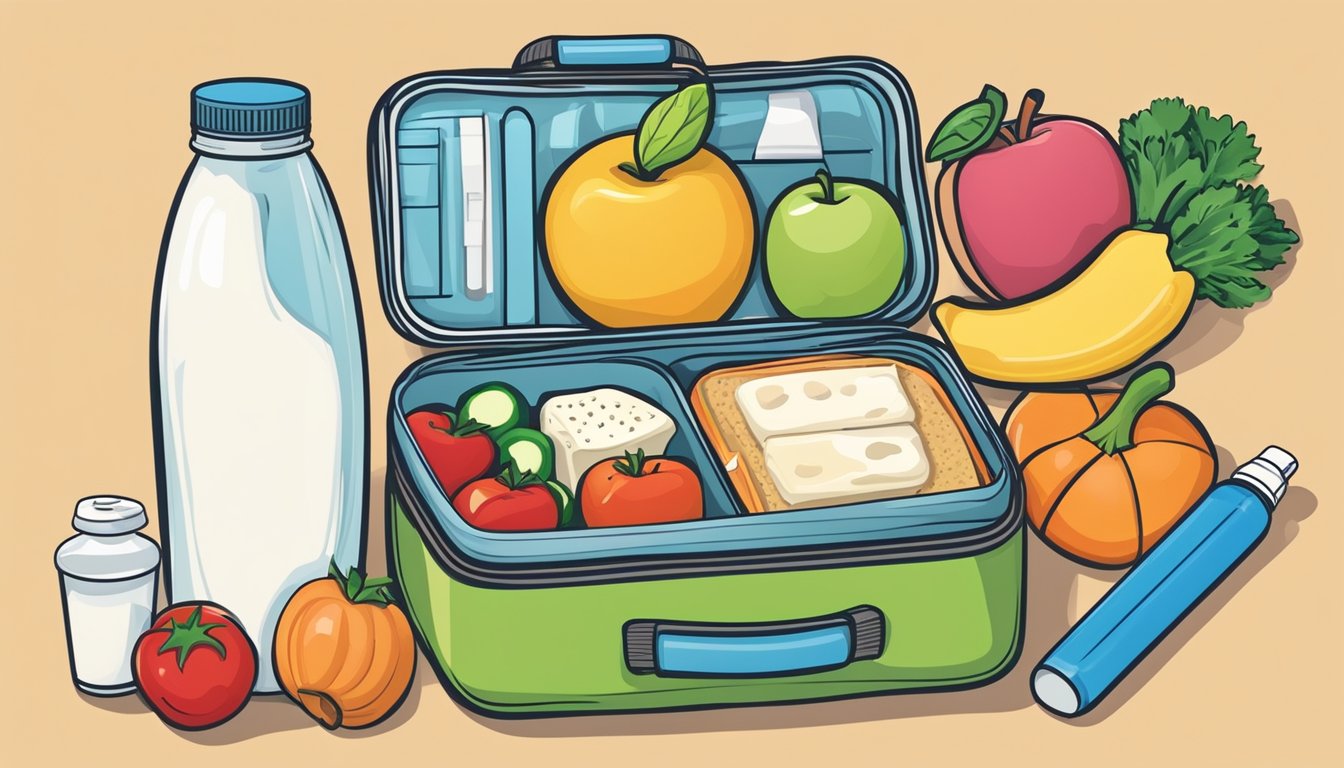 A lunchbox filled with low-fat dairy products, fruits, and vegetables, surrounded by school supplies and a water bottle