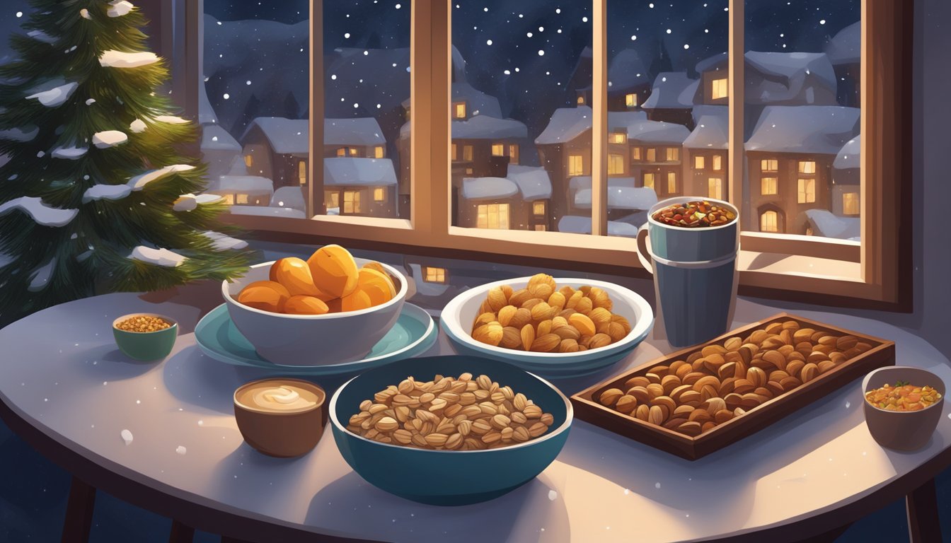 A cozy winter night with a table of healthy snacks: nuts, fruits, yogurt, and warm herbal tea. Snow falls outside the window