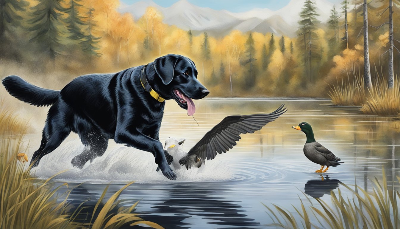 A black Labrador retrieves a duck from a pristine Alaskan lake during gun dog training