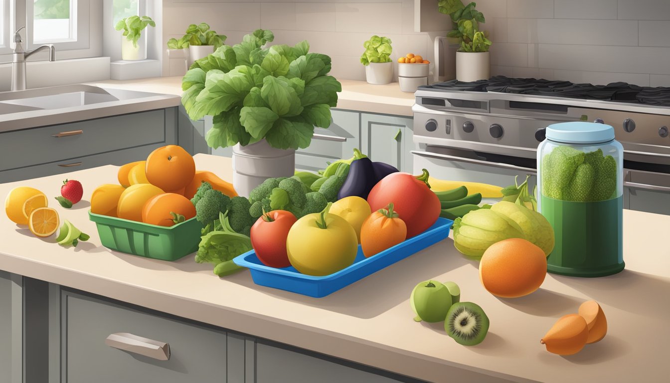 A kitchen counter with a variety of fresh fruits and vegetables, reusable containers, and a compost bin