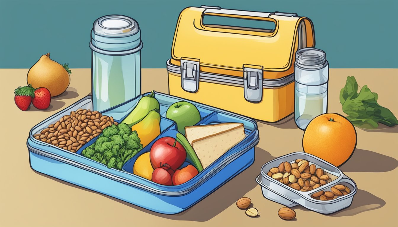 A lunchbox filled with water bottles, fruits, and vegetables alongside a sandwich and a small container of nuts and seeds