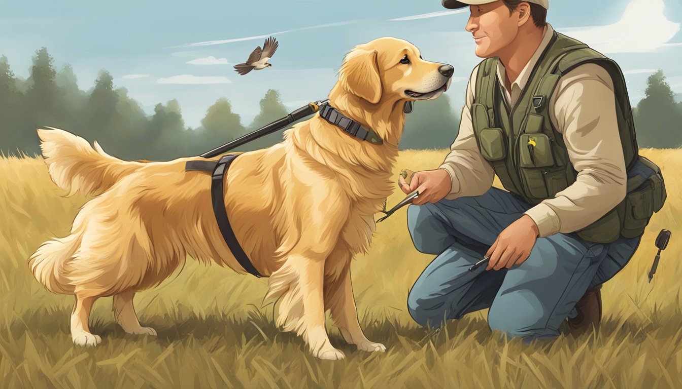 A golden retriever retrieves a fallen bird in a field, while a trainer watches closely, holding a whistle and wearing a hunting vest