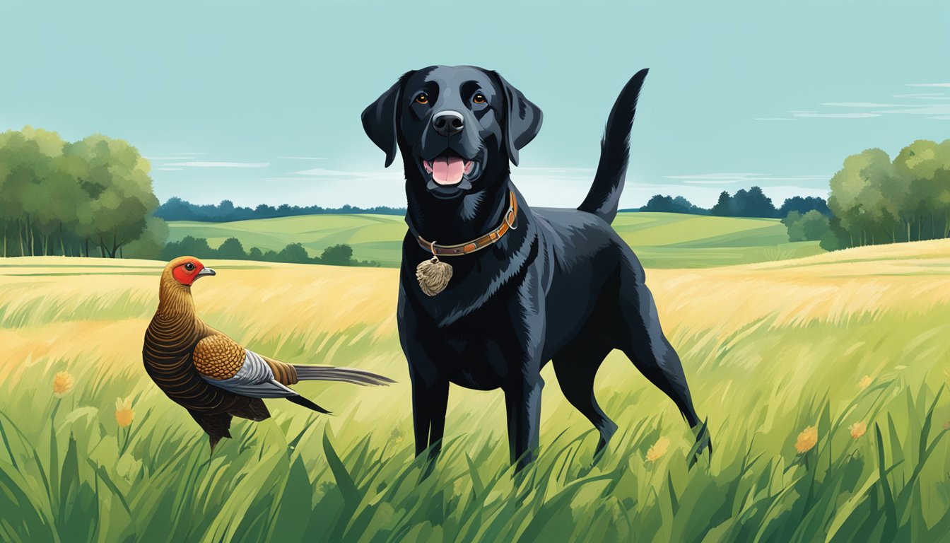 A black Labrador retriever stands proudly with a pheasant in its mouth, surrounded by lush green fields and a clear blue sky