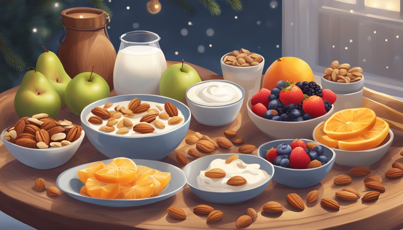 A cozy winter scene with a variety of healthy snacks laid out on a table, including fruits, nuts, and yogurt. A warm and inviting atmosphere with soft lighting and a hint of snow outside