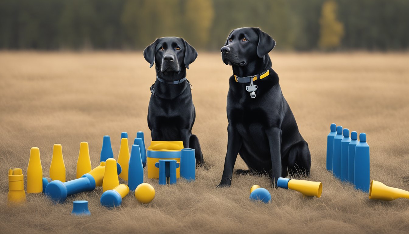 A Labrador retriever sits in a field, focused on a trainer holding a whistle and a dummy launcher. A row of training dummies is set up in the distance