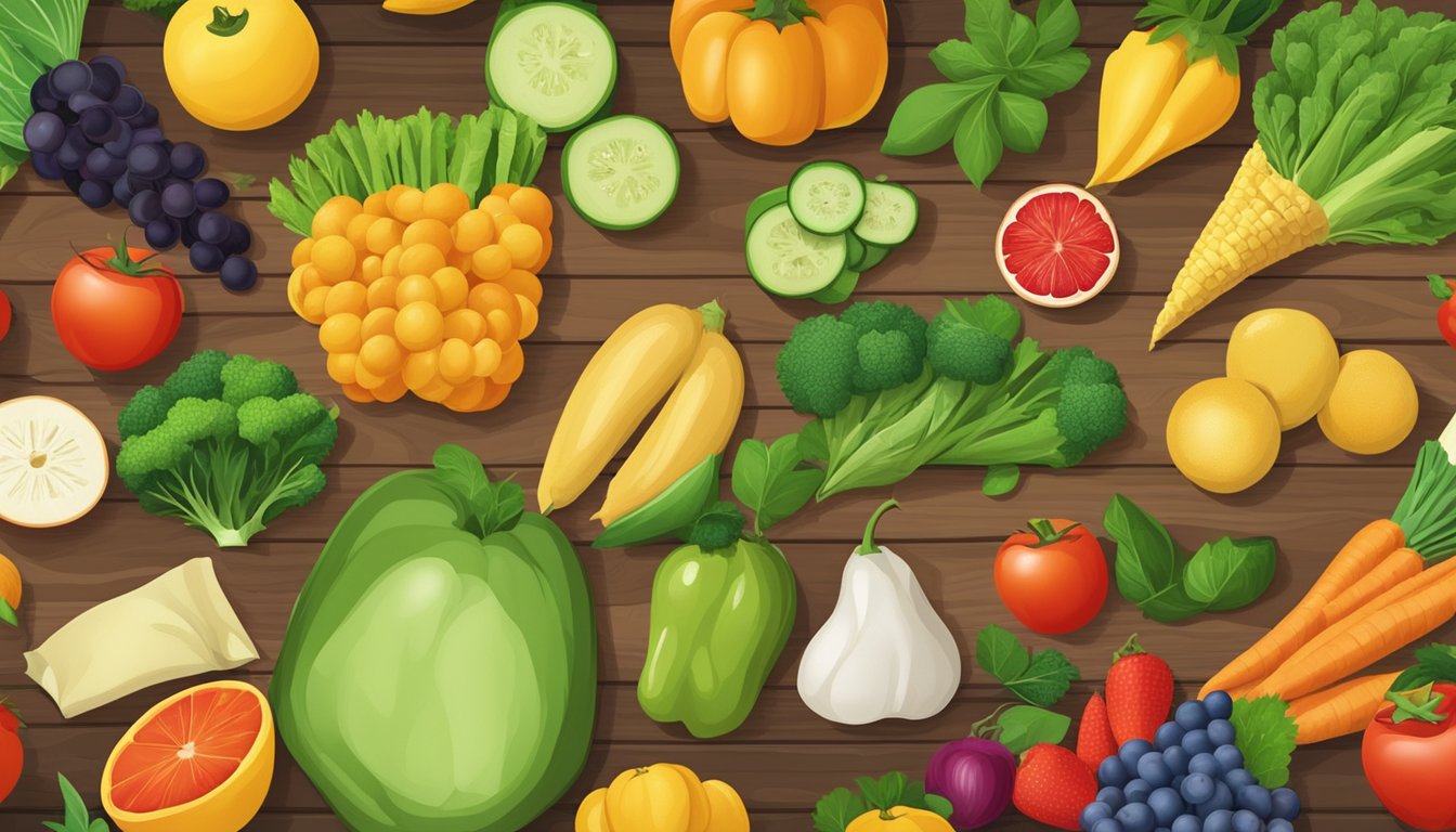 A colorful array of fresh fruits and vegetables arranged on a wooden table, surrounded by reusable grocery bags and eco-friendly food containers