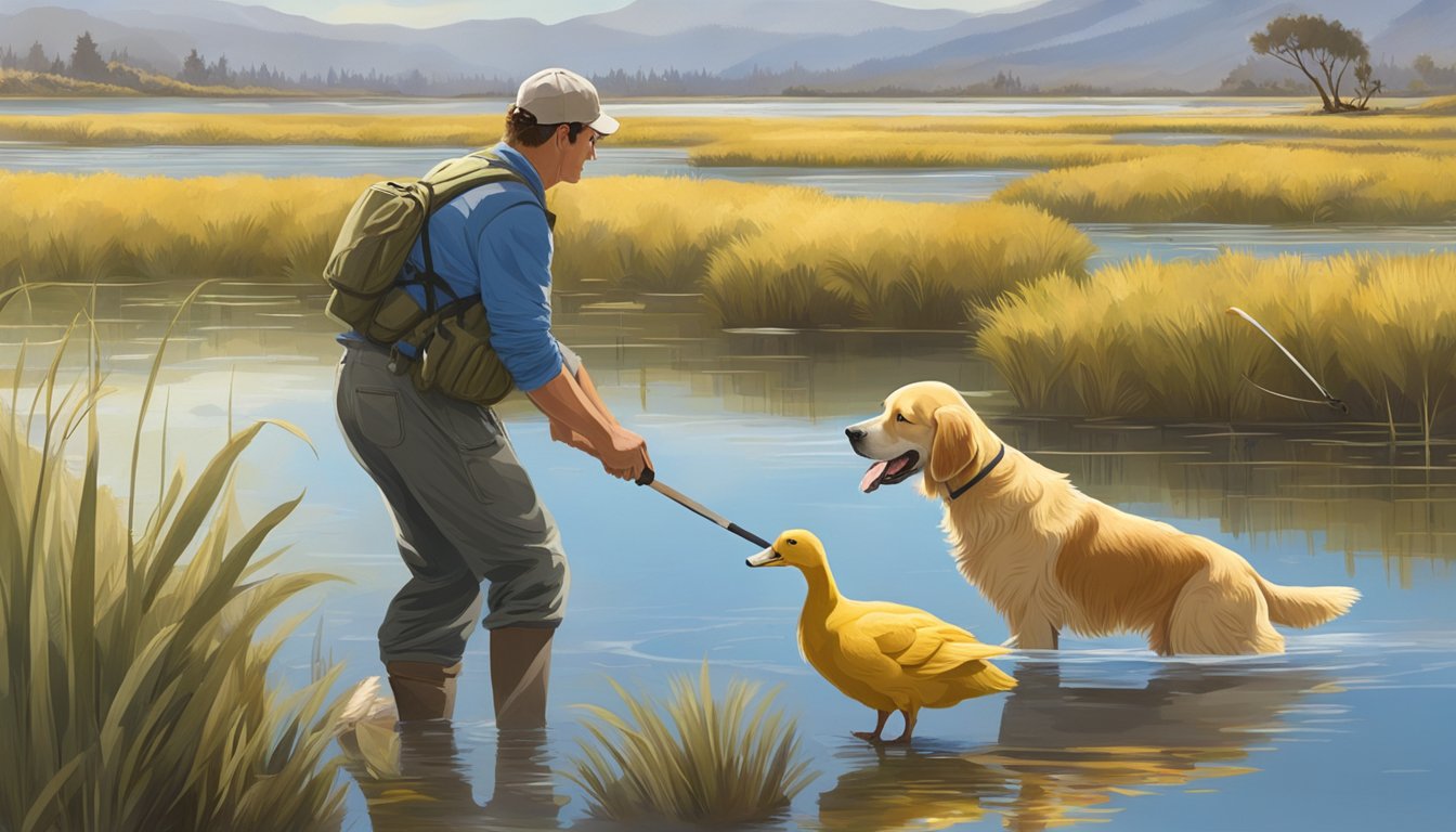 A golden retriever retrieves a duck from a marsh, while a trainer watches from the shore in California