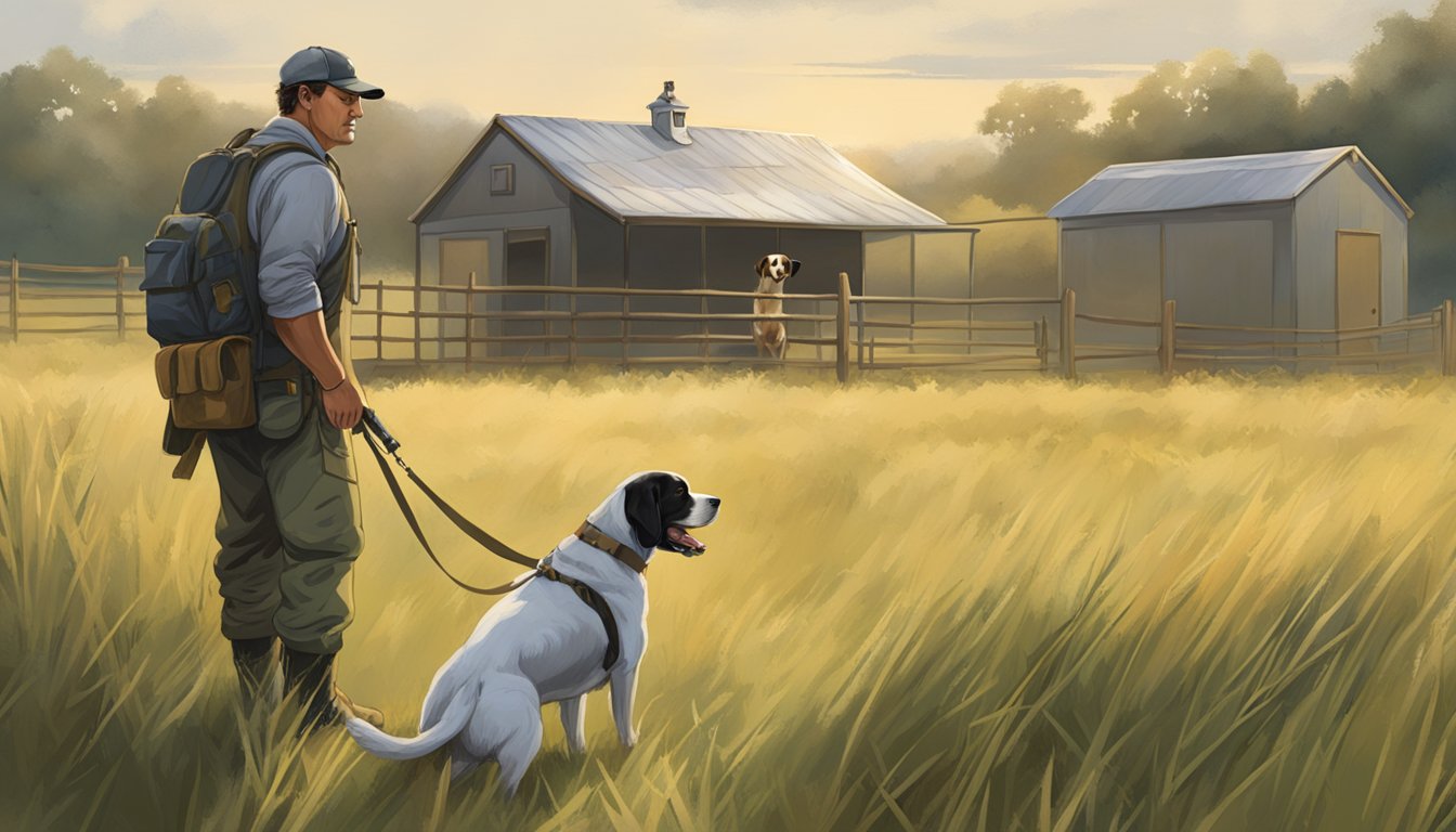 A spacious kennel with a sturdy, weatherproof design sits in a lush, open field. A skilled trainer stands nearby, holding a whistle and gesturing commands to a well-trained gun dog