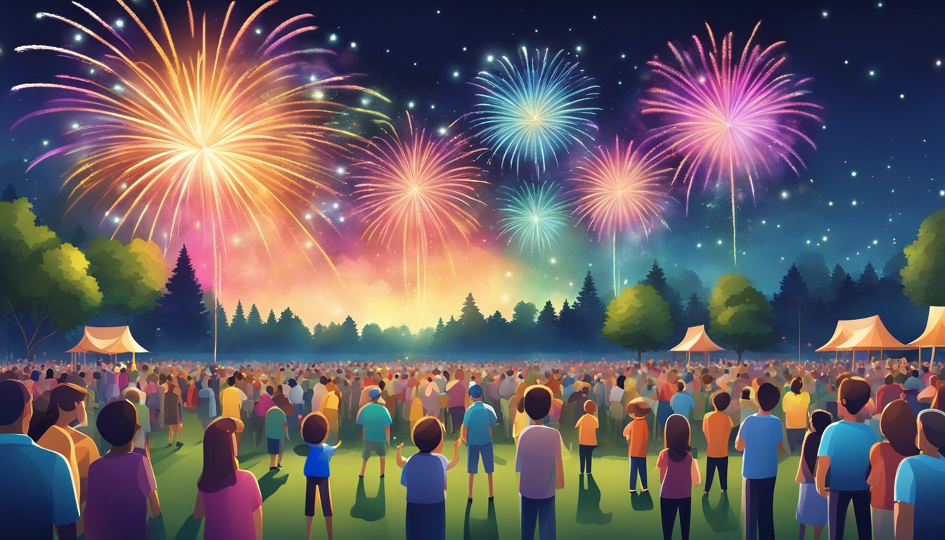 Colorful fireworks burst over the park, illuminating the night sky. Families gather to watch the dazzling display, enjoying a festive Independence Day celebration