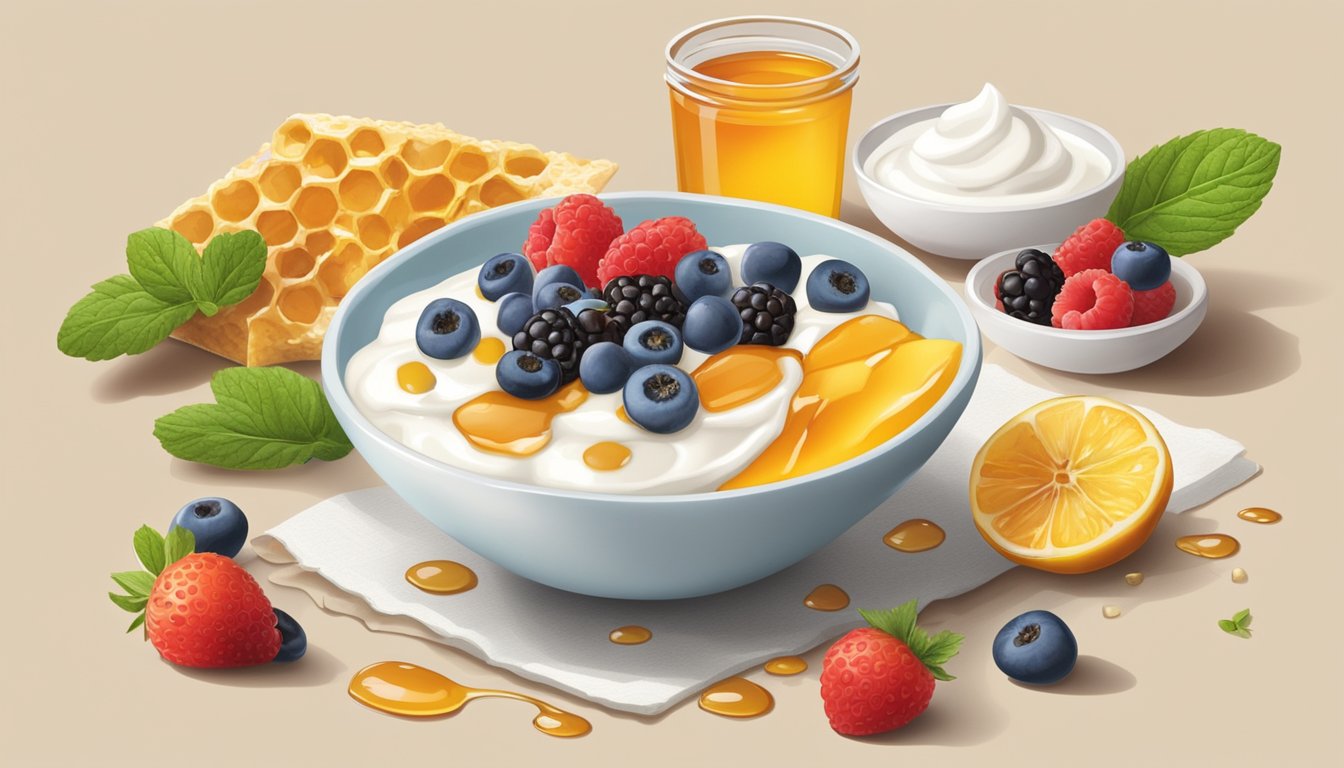 A bowl of Greek yogurt topped with drizzled honey and fresh berries sits on a wooden table, surrounded by a scattering of additional breakfast ingredients