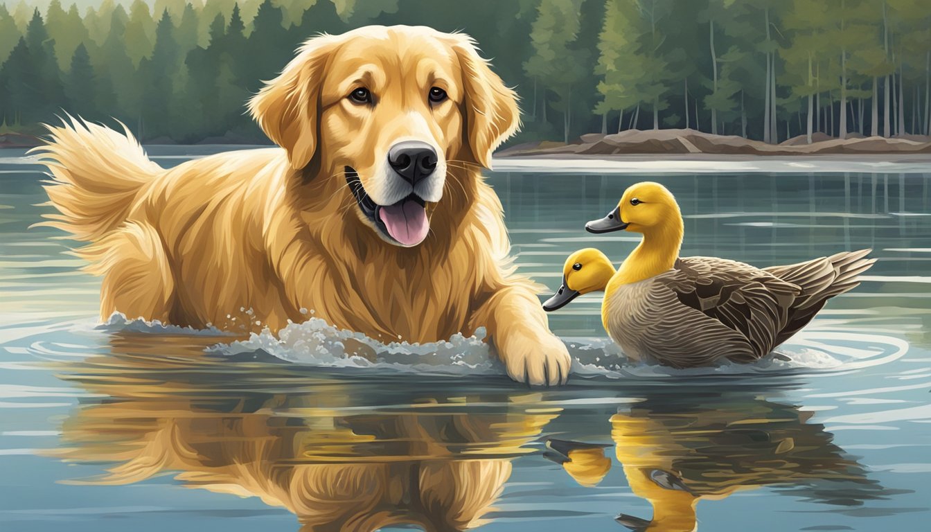 A golden retriever retrieves a duck from a calm Minnesota lake