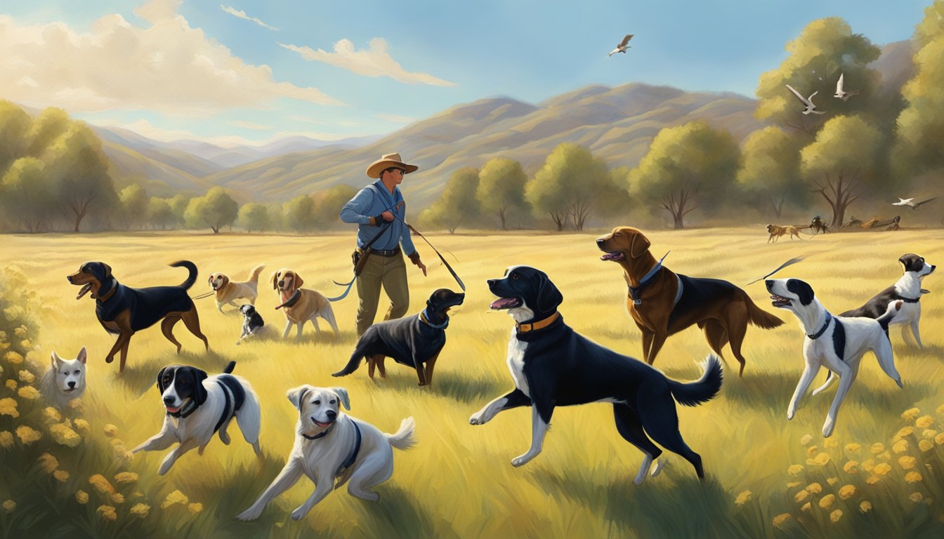 A sunny field in California with a dog retrieving a bird, surrounded by trainers and other gun dogs in training