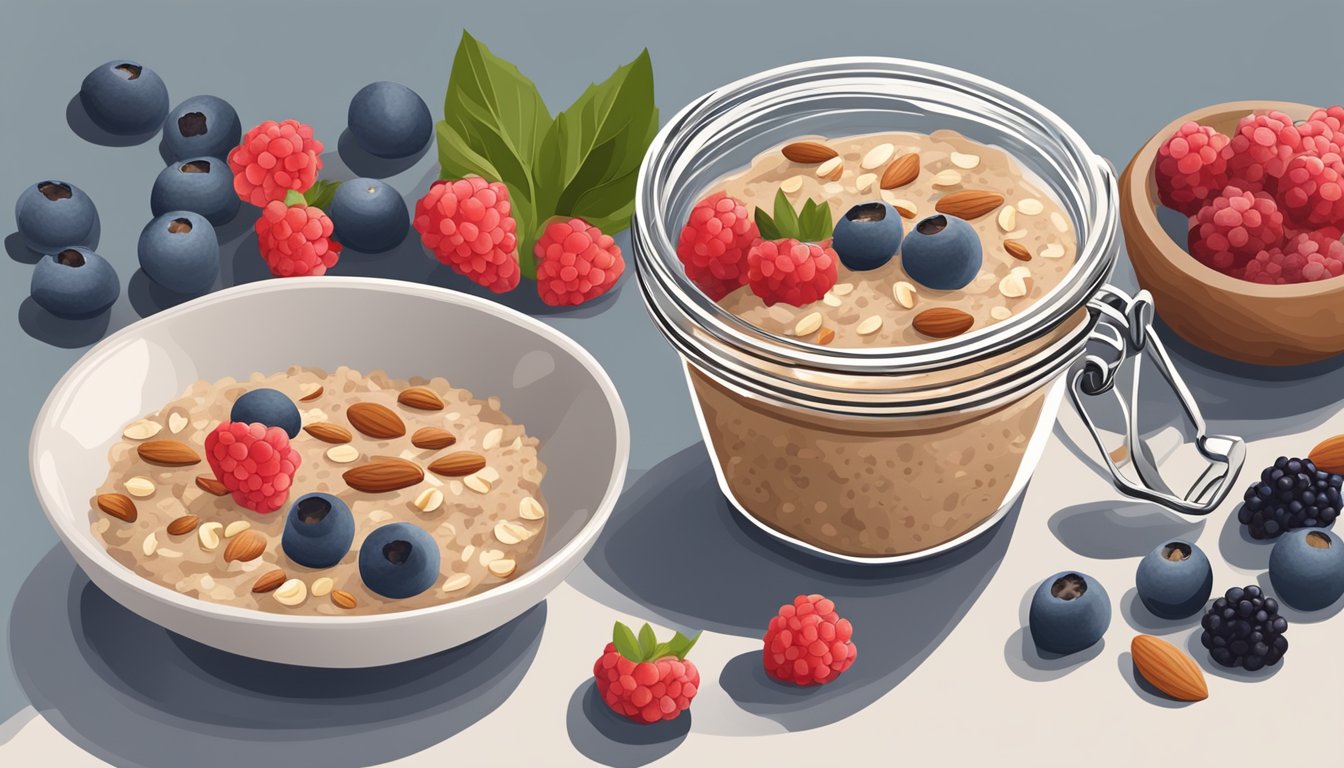 A bowl of overnight oats topped with almond butter, surrounded by fresh berries, nuts, and a jar of almond butter