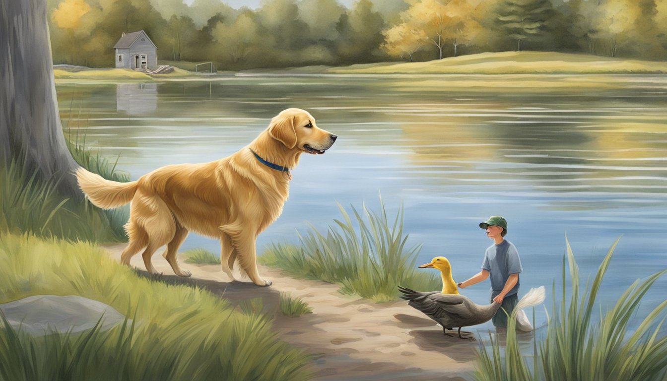 A golden retriever eagerly retrieves a fallen duck from a serene Connecticut pond, while its owner watches proudly from the shore