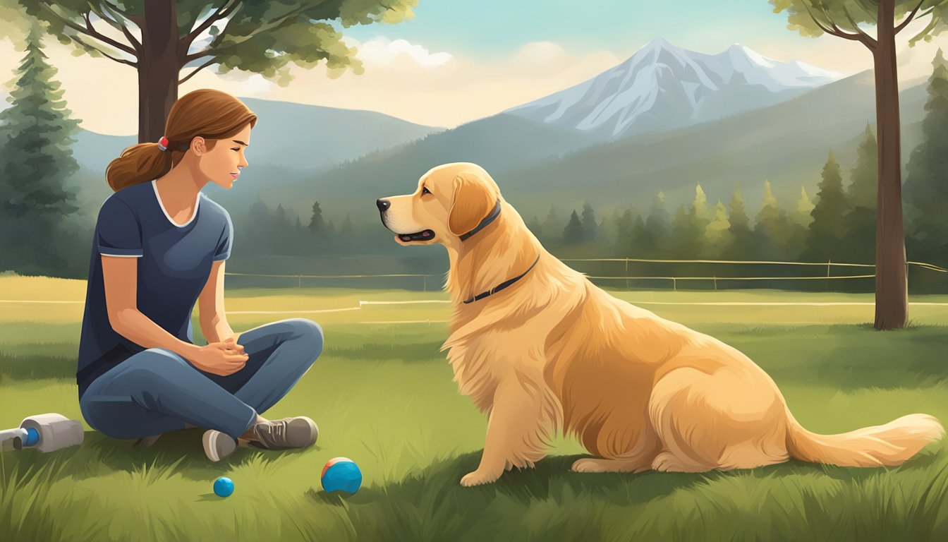 A golden retriever sits attentively on a grassy field, focused on a trainer's commands. The trainer holds a whistle and a training dummy, surrounded by trees and distant mountains