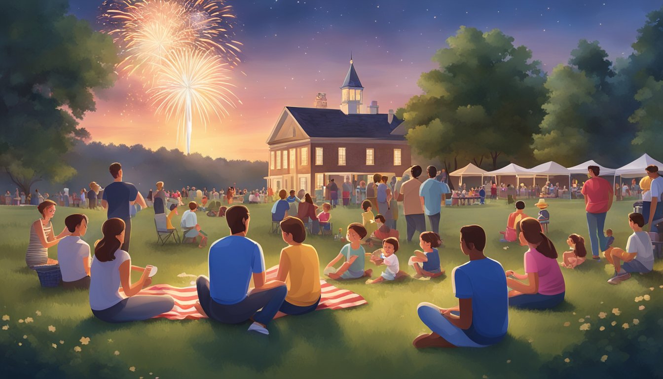 Families gather at a local historical site, enjoying a picnic, playing games, and watching fireworks on Independence Day