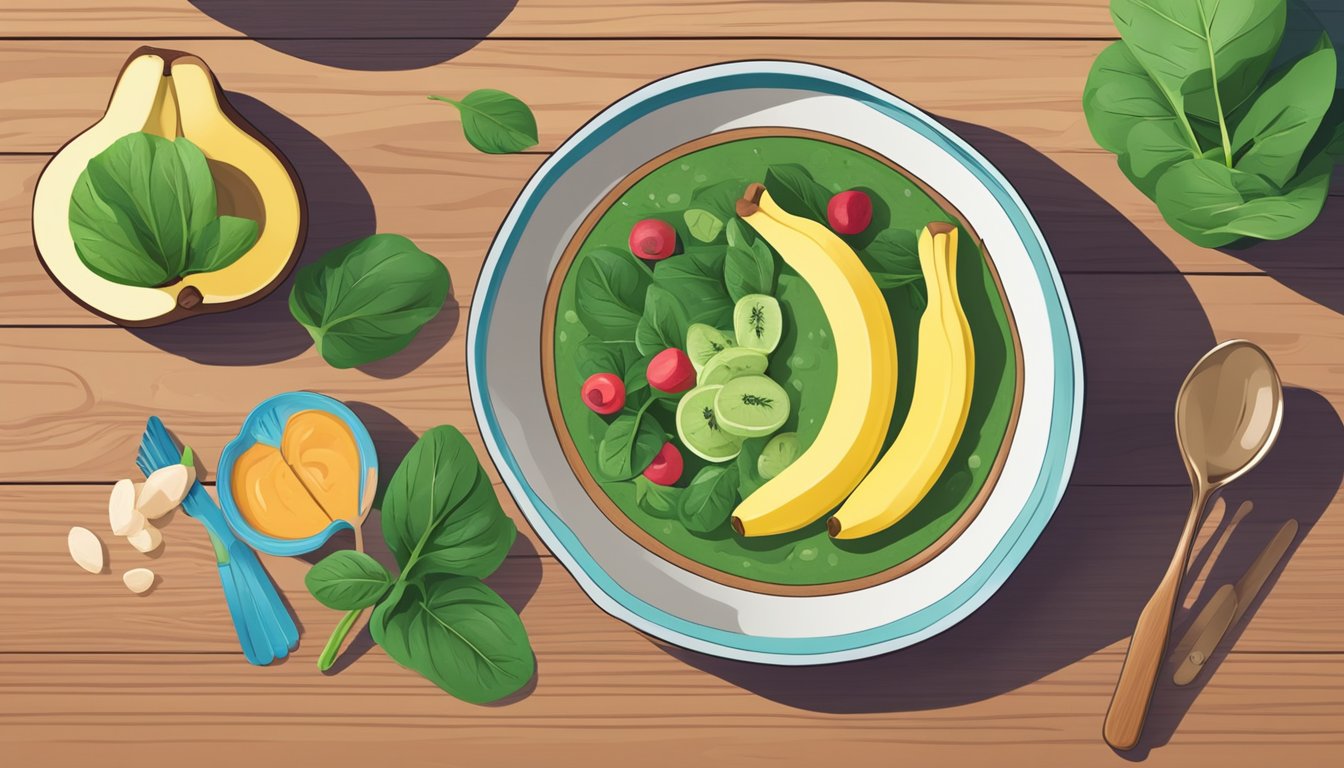 A colorful smoothie bowl sits on a wooden table, topped with fresh spinach leaves and sliced banana. A spoon rests beside the bowl