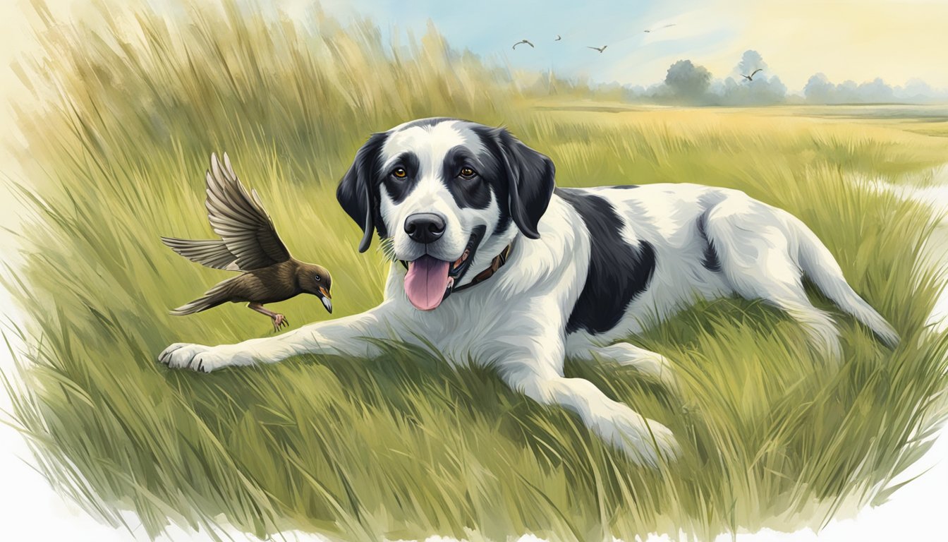 A hunting dog retrieving a fallen bird in a grassy field