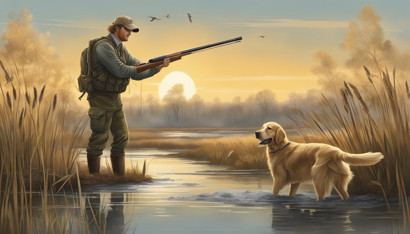 A golden retriever retrieves a duck from a marshy field, while a hunter stands nearby, holding a shotgun and wearing hunting gear