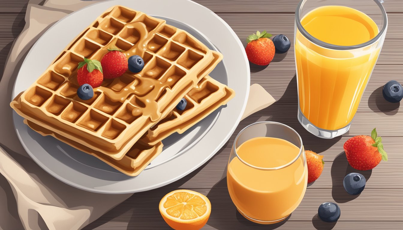 A plate of whole grain waffles topped with peanut butter, surrounded by fresh fruit and a glass of orange juice