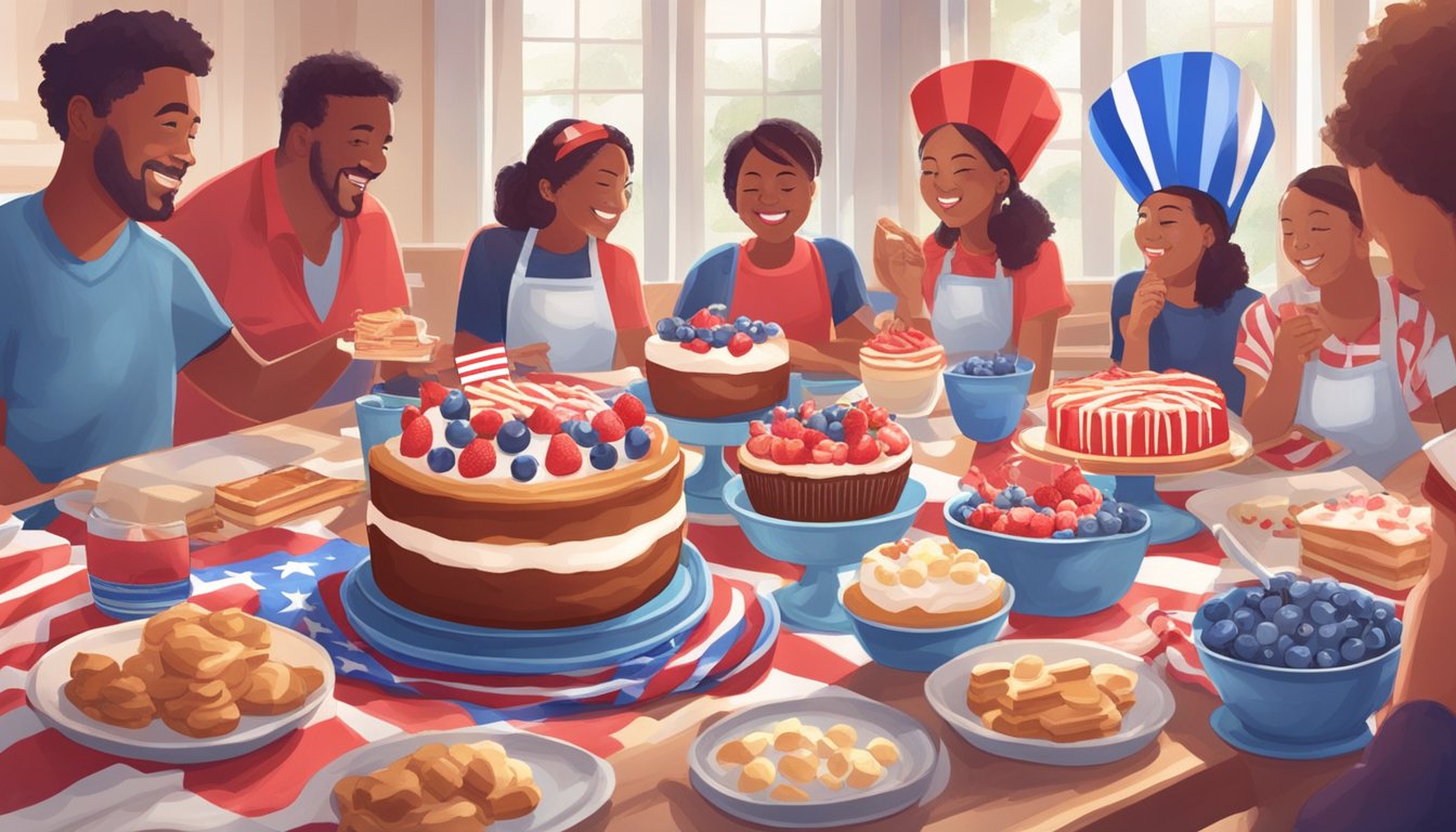 A festive dessert bake-off with red, white, and blue treats displayed on a table, surrounded by family and friends enjoying a 4th of July celebration