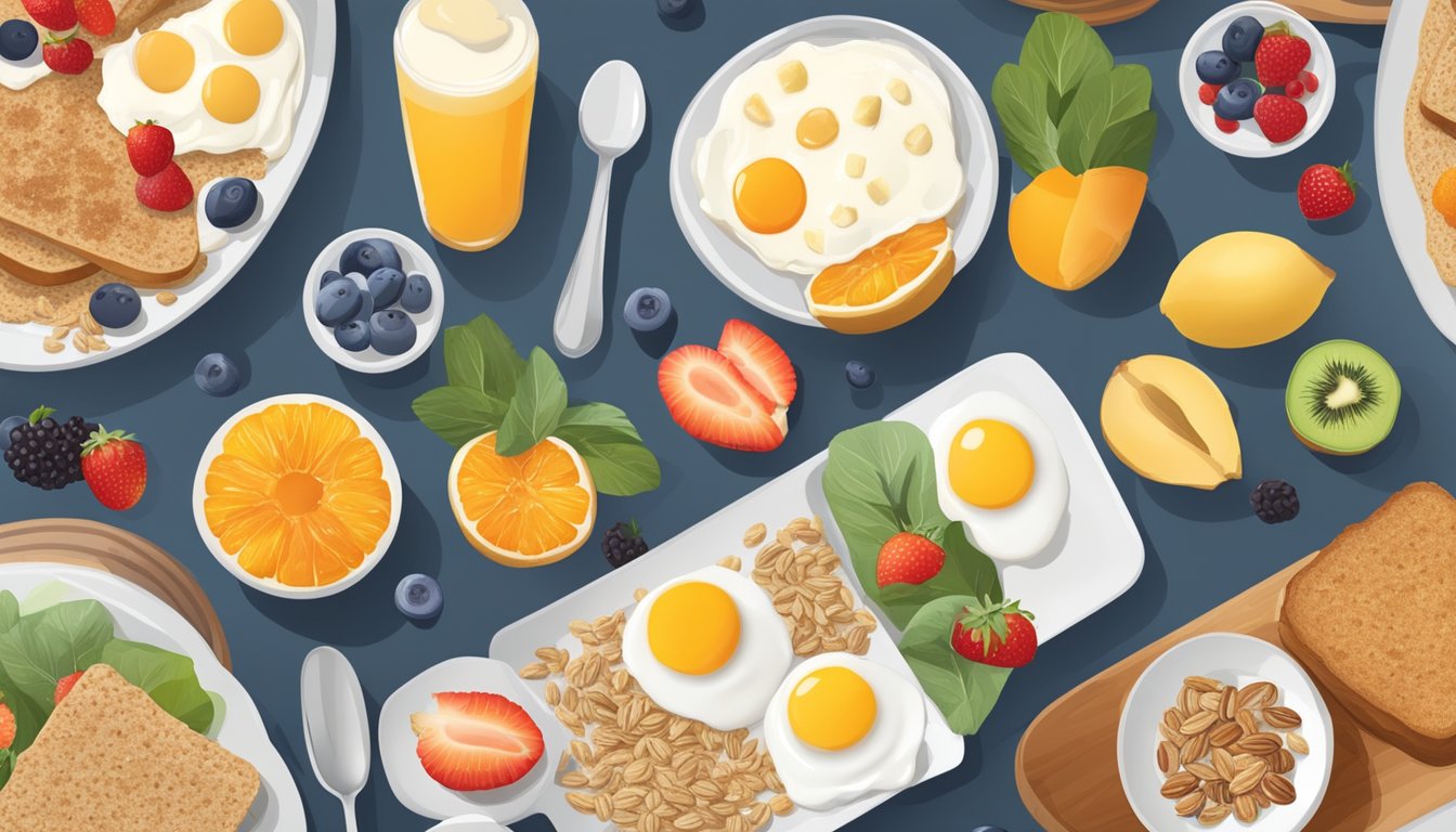 A table with a variety of quick and healthy breakfast options, including fruits, yogurt, granola, eggs, and whole grain toast