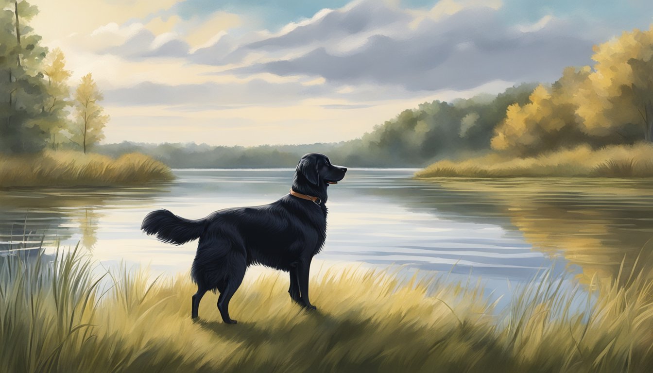 A retriever dog waiting by a calm lake in a Minnesota field